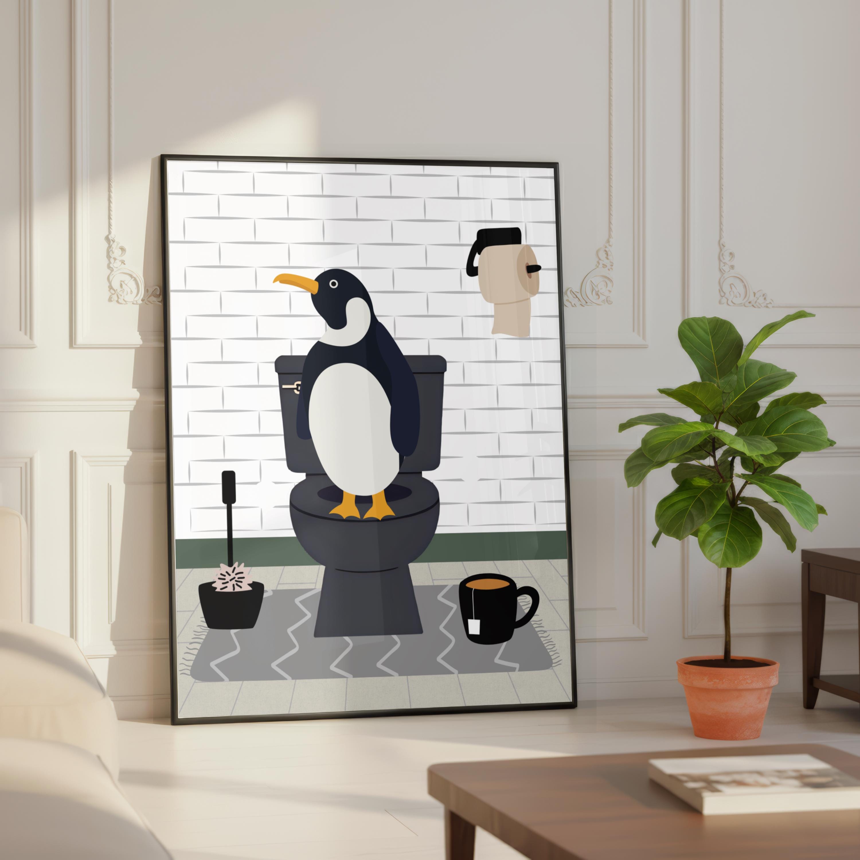 Penguin on the Toilet in a White Bathroom Print. Funny Animal Bathroom ...
