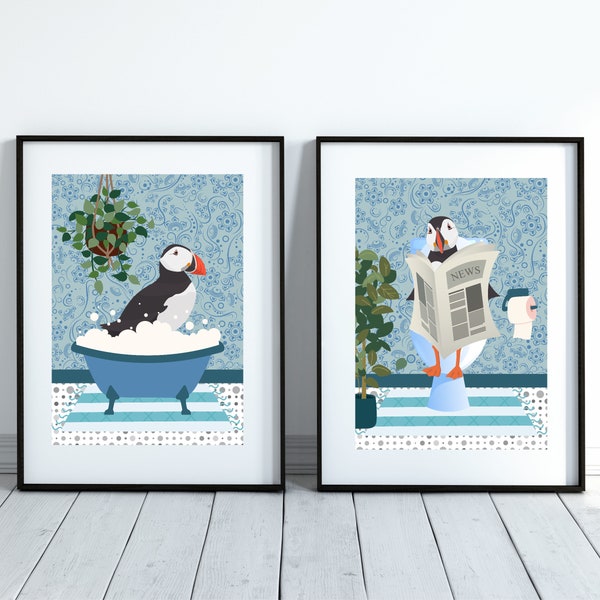 Set of Two Puffin Bathroom Prints. One Puffin in the Bath and One Puffin on the Toilet, Animal in the Bath. Light Blue Print.