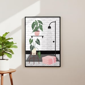 Botanical Shower Art Print. Pink Bathroom Poster. Colourful Bathroom Home Decor.