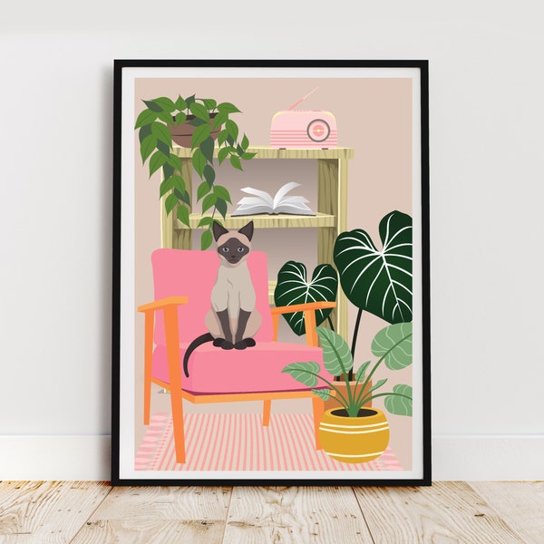 Siamese Cat on a Sofa, Pink Living Room Print, Botanical Print, Boho Print, Gallery Wall, Animal Wall Art