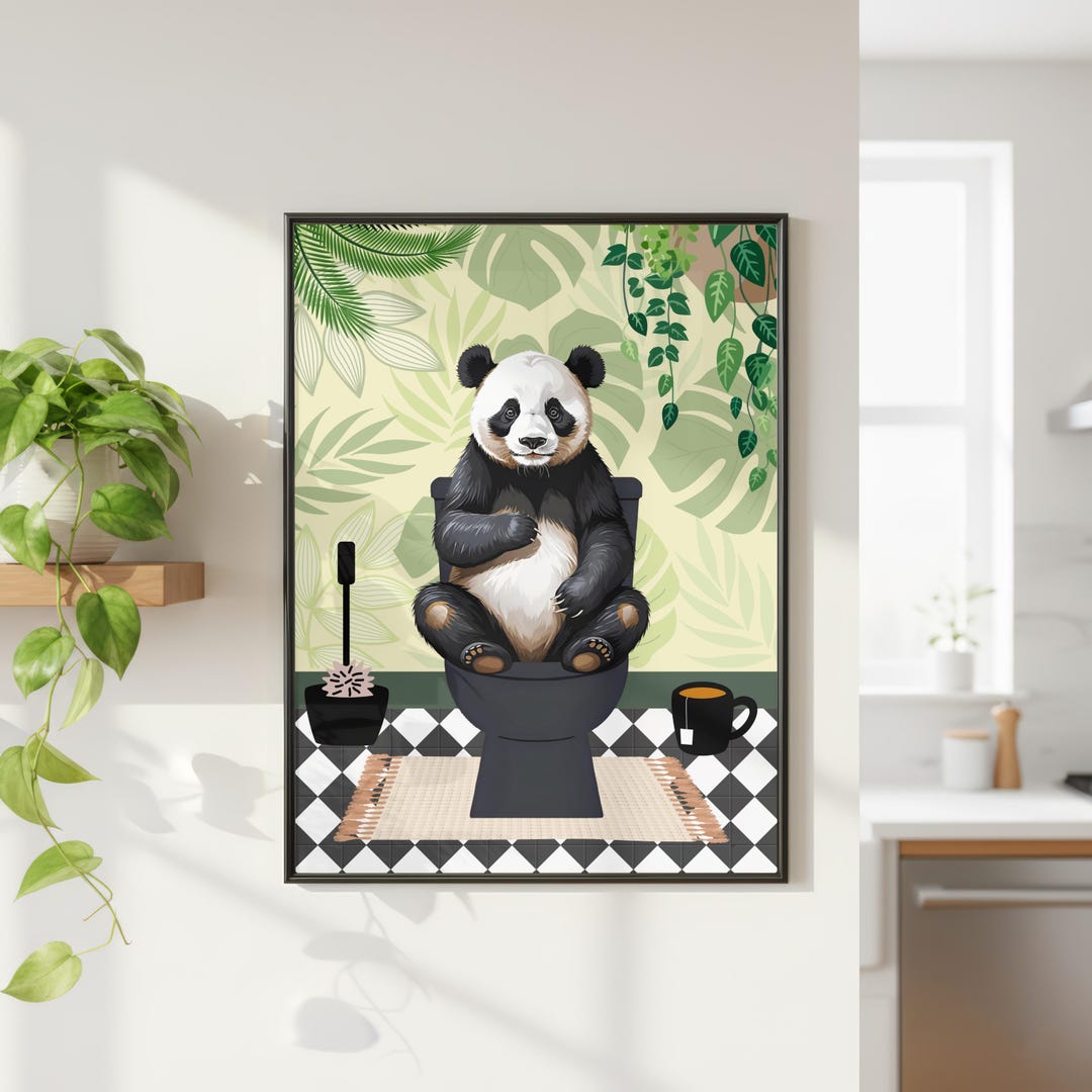 Panda on the Toilet in a Green Bathroom Print. Funny Animal Bathroom ...