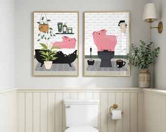 Pig Bathroom Prints, Bath & Toilet Art, Set of Two White Pig Bathroom Prints.