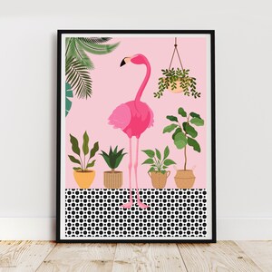 Pink Flamingo And Colourful Plants Print, Tiled floor in a Boho Home, Animal Wall Art, Pink Botanical Animal Print.