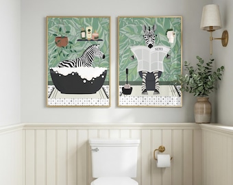Zebra Bathroom Prints, Bath & Toilet Art, Set of Two Green Zebra Bathroom Prints.