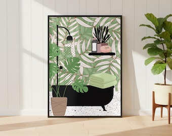 Botanical Bath Art Print. Green Maximalist Bathroom Poster. Colourful Bathroom Home Decor.