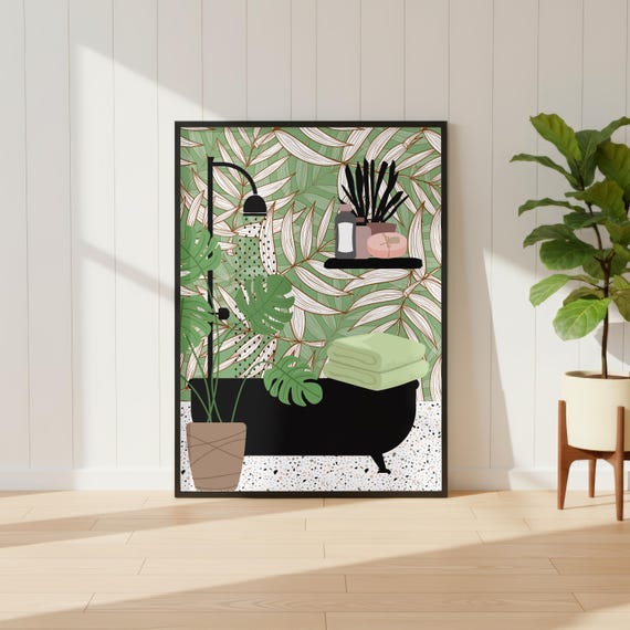 Botanical Bath Art Print. Green Maximalist Bathroom Poster. Colourful Toilet Home Decor.
