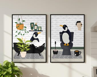 Prints van pinguïns die in bad zitten en op het toilet, een originele set wanddecoratie voor de badkamer.