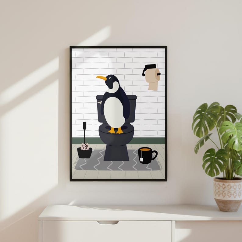 Penguin on the Toilet in a White Bathroom Print. Funny Animal Bathroom ...