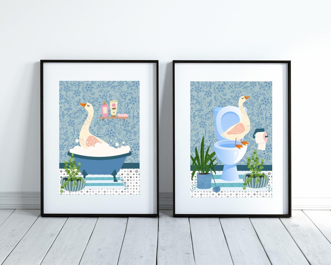 Set of Two Goose Bathroom Prints. One Goose in the Bath and One Goose ...