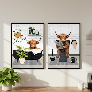 Highland Cow Bathroom Prints: Set of 2 Toilet Art, Bathroom Print.