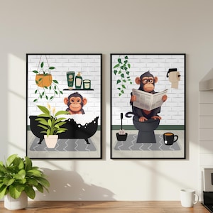 Monkey Bathroom Prints, Set of Two, Bath and Toilet Art, Colourful Wall Decor