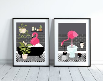 Set of Two Flamingo Bathroom Prints. One Flamingo in the Bath and one Flamingo on The Toilet, Animal in the Bath. Dark Grey Print.