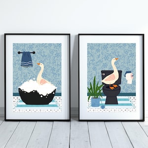 Goose Bathroom Prints: Pale Blue Animal Art, Set of 2
