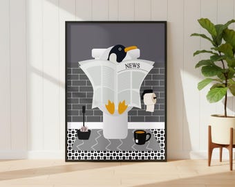 Pinguïn op het toilet in een grijze badkamerprint. Grappige dieren badkamerprints.