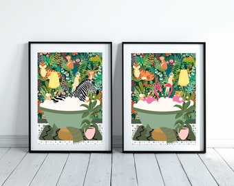 Set of Two Safari Bathroom Prints. One zebra in the bath and two flamingoes in the bath. Animal in Bath, Bathroom Art. Multi Coloured Print.