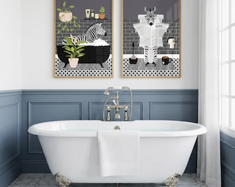 Zebra Bathroom Prints, Bath & Toilet Art, Set of Two Grey Prints