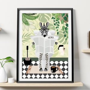 Zebra on the toilet. Animal Print. Green Bathroom Print. Funny Bathroom Print. Zebra in the Bathroom.