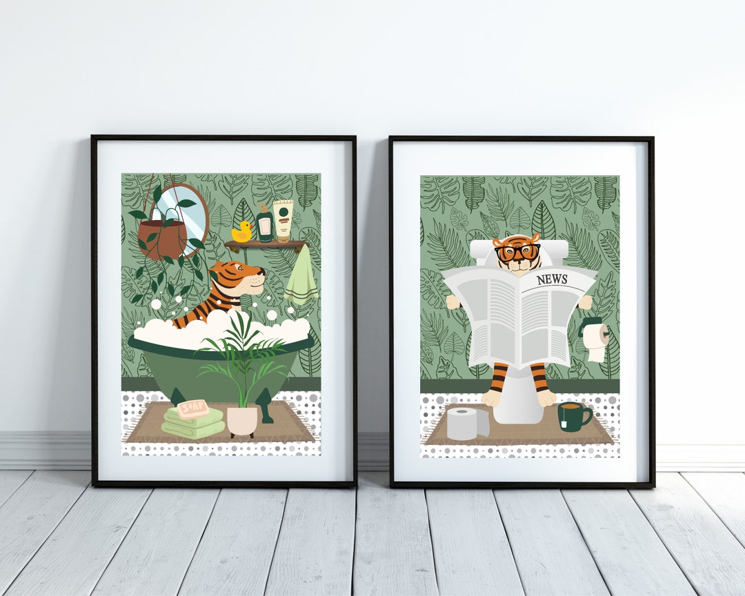 Set of Two Tiger Bathroom Prints. One Tiger in the Bath and Etsy