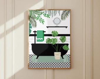 Botanical Bath Art Print. Green Maximalist Bathroom Poster. Colourful Bathroom Home Decor.