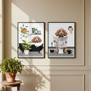 Cavapoo Bathroom Prints, Bath & Toilet Art, Set of Two White Cavapoo Bathroom Prints. Funny Pet Portrait Prints. Glossy Prints.