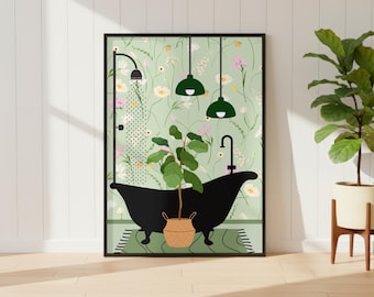 Botanical Bath Art Print. Green Maximalist Bathroom Poster. Colourful Bathroom Home Decor.