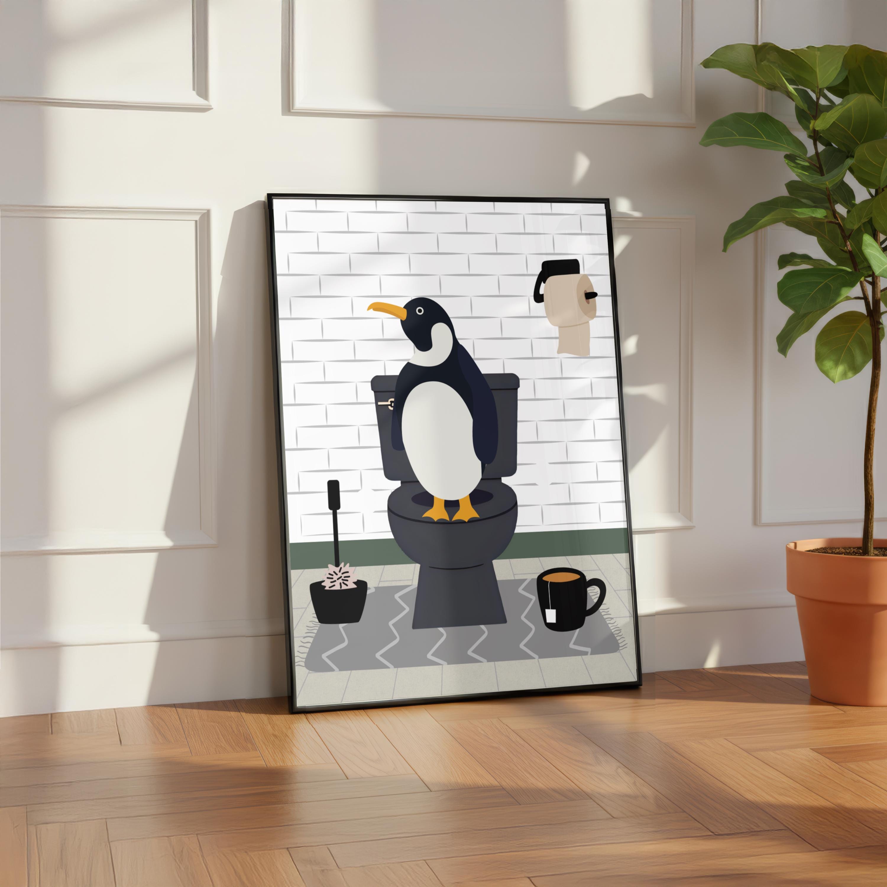 Penguin on the Toilet in a White Bathroom Print. Funny Animal Bathroom ...