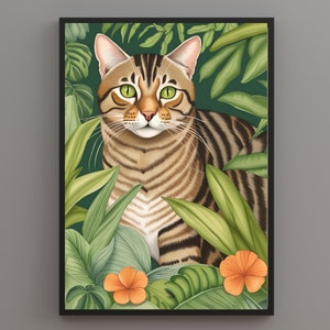 Tabby Cat Print. Tabby Cat in the Bushes Print.