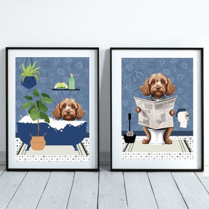 Set of Two Cavapoo Bathroom Prints. One Cavapoo in the Bath and one Cavapoo dog on The Toilet, Animal in the Bath.  Dark Blue Print.