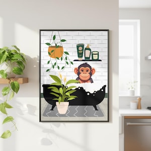 Monkey Bath Print, Whimsical Animal Bathroom Wall Art