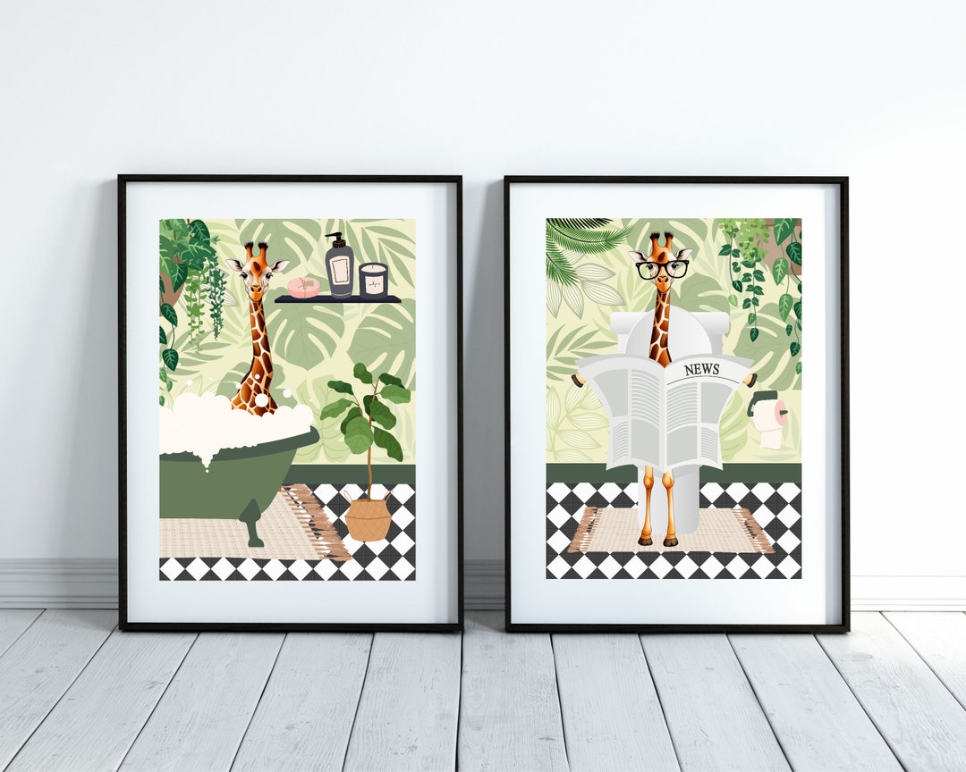 Set of Two Giraffe Bathroom Prints. One Giraffe in the Bath and one