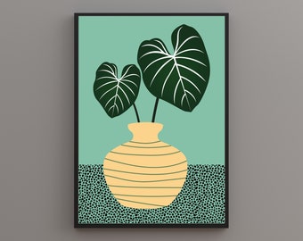 Monstera Plant Stripy Pot Botanical House Plants Art Print Home Print Gallery Wall, Colourful Print.