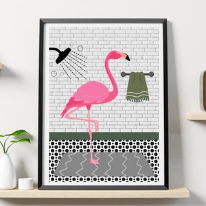 Flamingo in the shower. Botanical Animal Print. White Bathroom Print. Funny Bathroom Print. Botanical Print. Flamingo in the Bathroom.