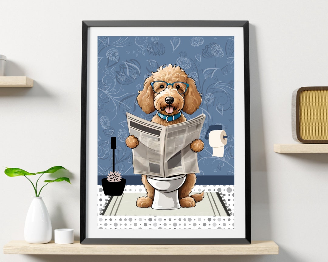 Golden Doodle Dog on the Toilet Reading a Newspaper. Animal Print. Blue ...