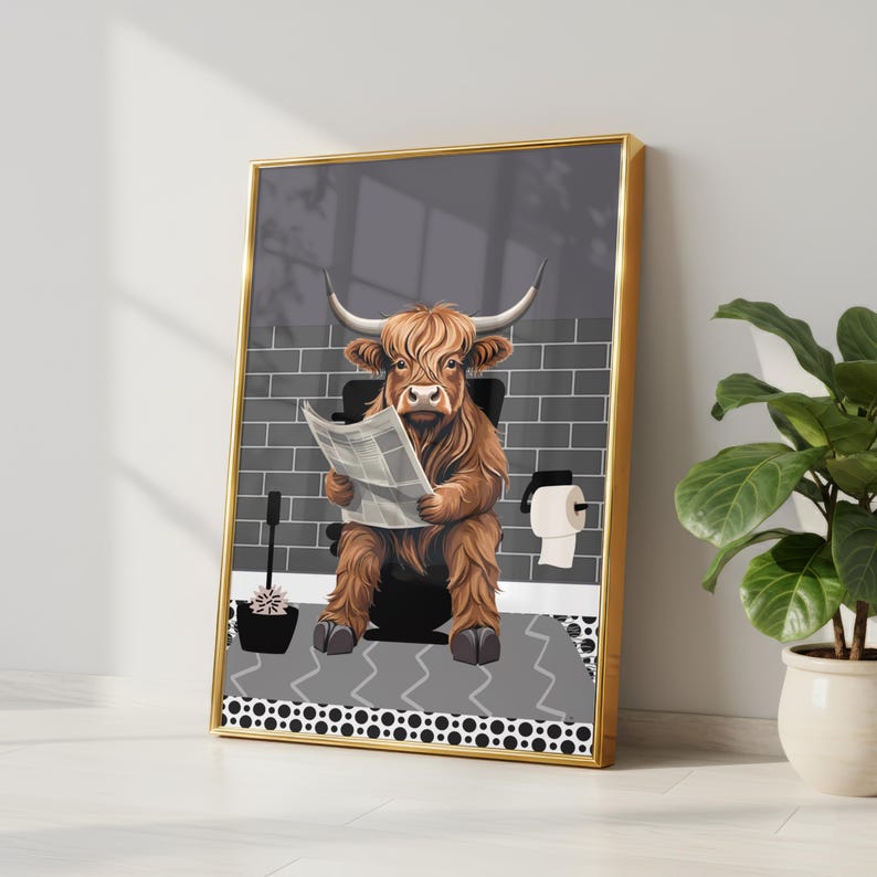 Highland Cow on the Toilet in a Grey Bathroom Print. Funny Animal ...