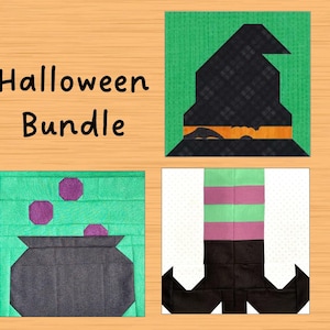 Może przedstawiać: Grafika Halloween Bundle z kapeluszem czarownicy, kotłem i nogami. Kapelusz jest czarny z pomarańczową opaską, kocioł jest szary z fioletowymi bąbelkami, a nogi mają różowe i zielone paski. U góry znajduje się napis "Halloween Bundle".