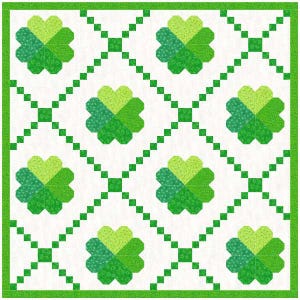 May include: A white background with a green border and a repeating pattern of green four-leaf clovers. The clovers are made up of four green hearts.