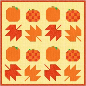 Puede incluir: Un edredón con temática otoñal que presenta calabazas y hojas naranjas. Las calabazas son de dos estilos: naranja liso y un patrón de tablero de ajedrez rojo y naranja. Las hojas son en tonos naranja y rojo, sobre un fondo amarillo claro.