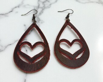 Handcrafted Heartfelt Elegance - Red Heart Shaped Leather Earrings