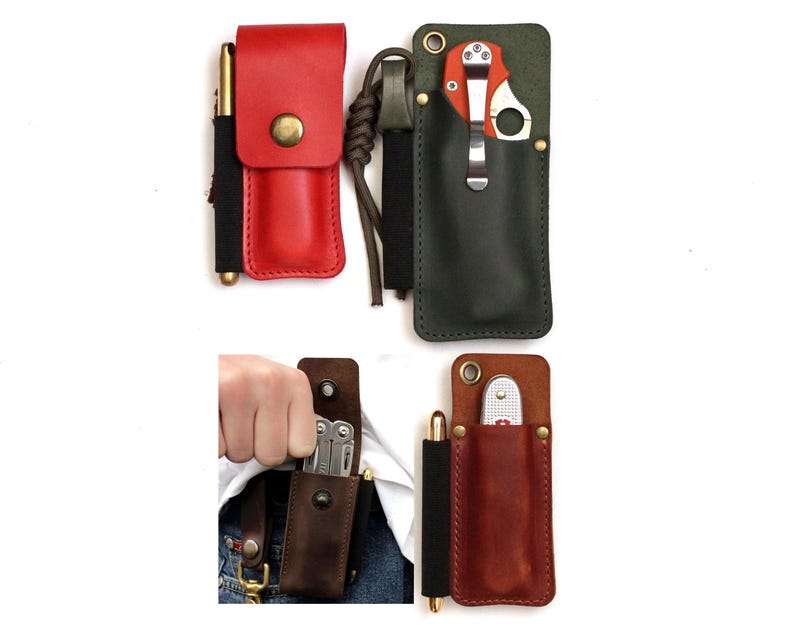 Pu&ograve; includere: Tre fodere in pelle per trasportare piccoli strumenti o coltelli. Le fodere sono in pelle rossa, verde e marrone. Ogni fodera ha una patta con chiusura a scatto. Le fodere sono mostrate con diversi strumenti all'interno.