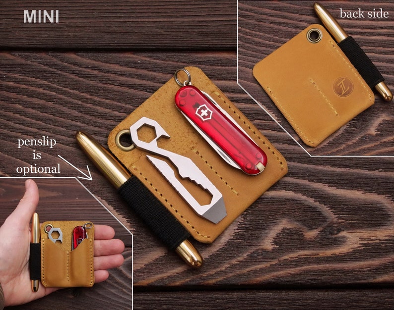 May include: A tan leather wallet with multiple pockets for carrying a pen, a multi-tool, and a small pocket knife. The wallet is labeled "MINI" and has a pen slip that is optional.