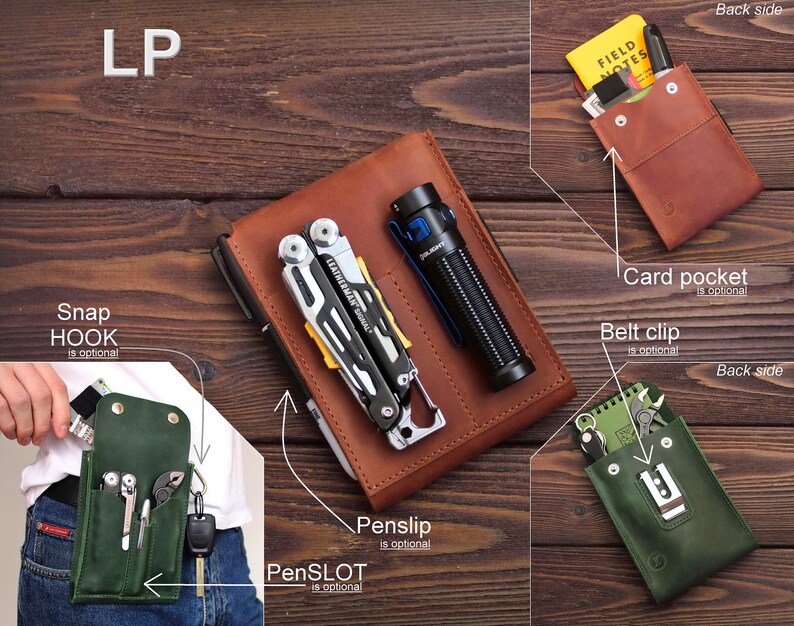 May include: A brown leather multi-tool pouch with a pen slot, a snap hook, and a belt clip. The pouch is shown with a multi-tool, a flashlight, and a pen inside. The pouch is also shown being worn on a person's belt.