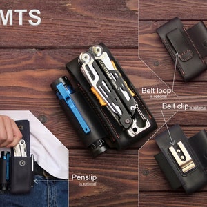 May include: A brown leather multi-tool sheath with a belt loop and clip. The sheath is designed to hold a multi-tool, flashlight, and pen. The sheath has a black stitching detail and the text "MTS" is visible on the top of the sheath.