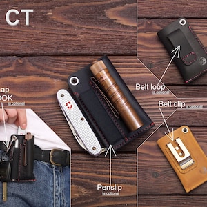 May include: A black leather multi-tool holder with a snap hook, belt loop, and belt clip. The holder has a pen slip and a slot for a flashlight or other tool. The holder is shown on a wooden background.