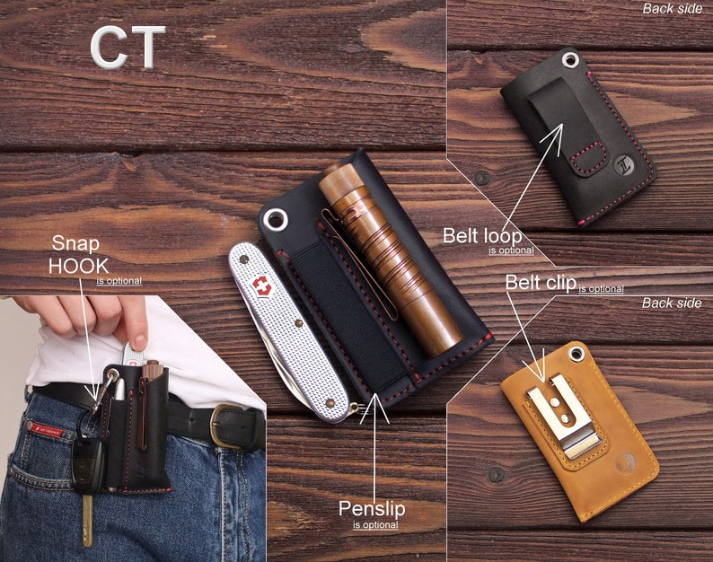 May include: A black leather multi-tool holder with a snap hook, belt loop, and belt clip. The holder has a pen slip and a slot for a flashlight or other tool. The holder is shown on a wooden background.