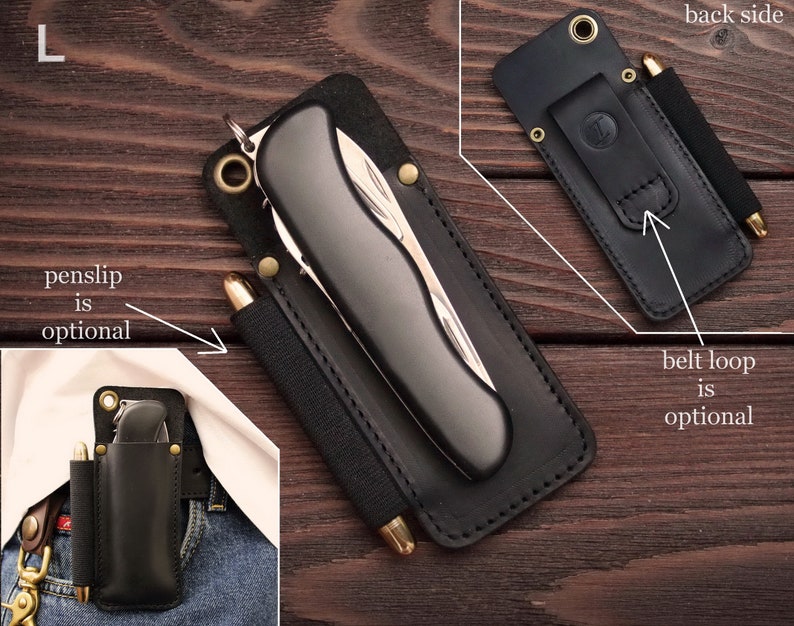 Pu&ograve; includere: Fodero in pelle nera per coltello da tasca con un portapenne e un passante per cintura. Il fodero &egrave; progettato per contenere un coltello da tasca pieghevole e una penna. Il portapenne &egrave; opzionale e il passante per cintura &egrave; opzionale.