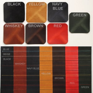 May include: Leather swatches in various colors, including black, yellow, navy blue, green, whiskey, brown, and red. The swatches are arranged in two rows. The text "BLACK", "YELLOW", "NAVY BLUE", "GREEN", "WHISKEY", "BROWN", "RED", "BLUE", "BEIGE", "BLACK", "WHISKEY", "NAVY BLUE", "YELLOW", "BROWN", "RED", "GREEN" is visible on the swatches.