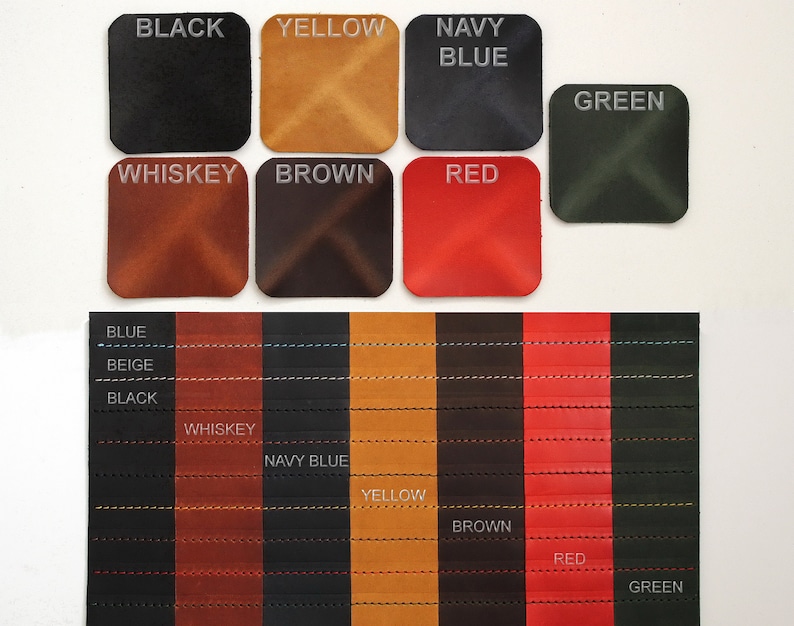 May include: Leather swatches in various colors, including black, yellow, navy blue, green, whiskey, brown, and red. The swatches are arranged in two rows. The text "BLACK", "YELLOW", "NAVY BLUE", "GREEN", "WHISKEY", "BROWN", "RED", "BLUE", "BEIGE", "BLACK", "WHISKEY", "NAVY BLUE", "YELLOW", "BROWN", "RED", "GREEN" is visible on the swatches.