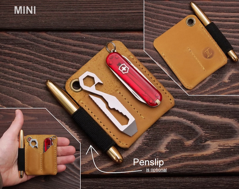 Pu&ograve; includere: Un portafoglio in pelle marrone con due fessure per portare un piccolo coltellino tascabile, un multiutensile e una penna. Il portafoglio &egrave; etichettato "MINI" e ha una fessura per penna opzionale.