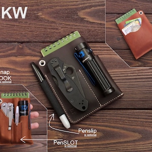May include: Brown leather wallet with multiple pockets and slots for carrying a variety of items, including a pen, a small notebook, a flashlight, and a knife. The wallet also has a snap hook and a pen slip.