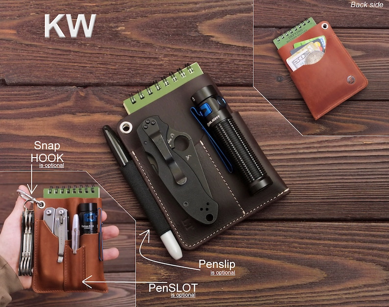 May include: Brown leather wallet with multiple pockets and slots for carrying a variety of items, including a pen, a small notebook, a flashlight, and a knife. The wallet also has a snap hook and a pen slip.
